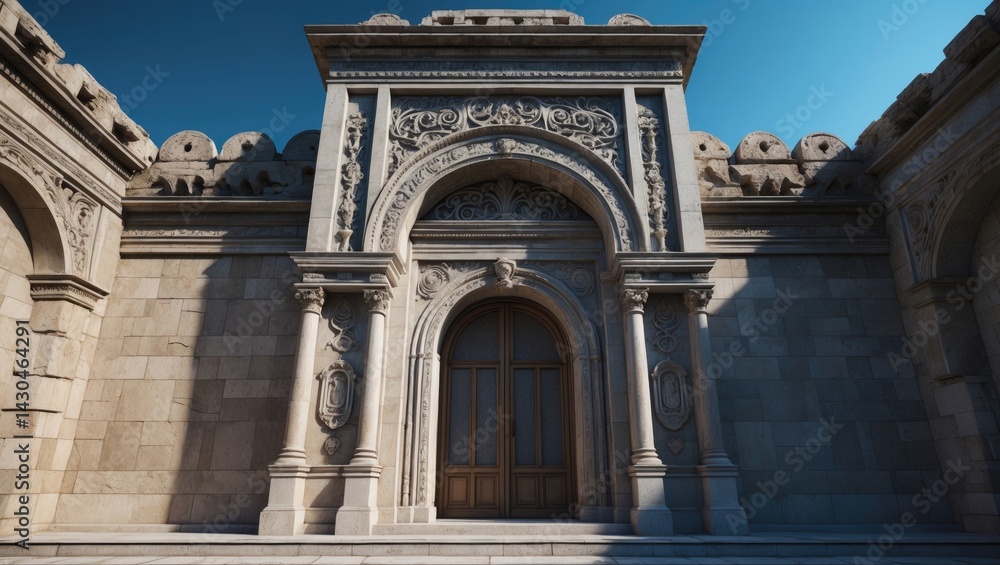 Poster historic building with an elaborate entrance displaying intricate stonework and large archway
