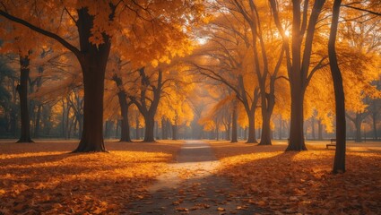 Fototapeta premium Stunning Autumn Forest Scene with Golden Foliage in Sunlit Park