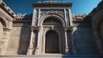 Fototapeta premium Historic building with an elaborate entrance displaying intricate stonework and large archway