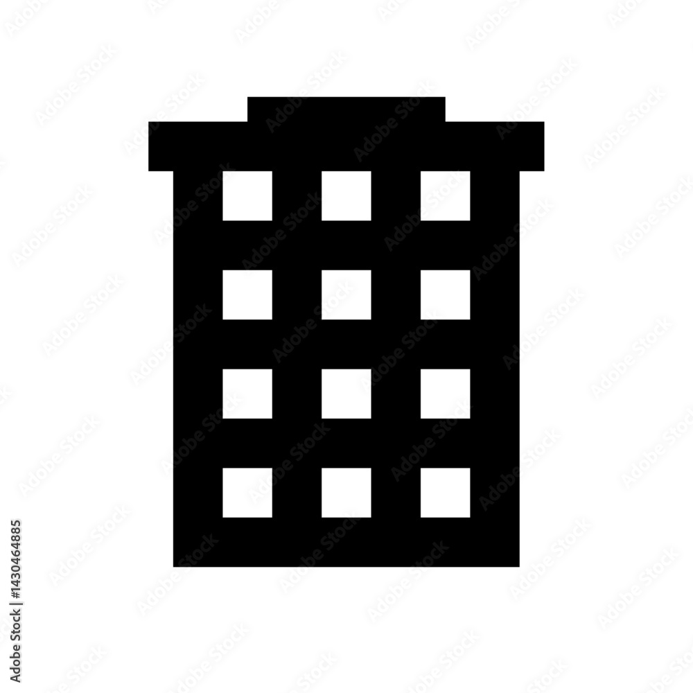 Poster illustration of a black building with multiple square windows on a white background in a simple styl