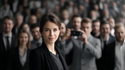 Fototapeta premium A female businesswoman stands in front of the camera, surrounded by men and women wearing suits, all looking at her with great attention.
