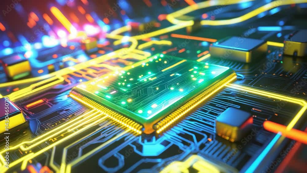 Poster computer chip and pcb animation emphasizing technological details