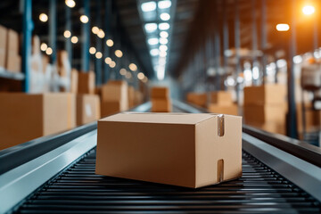 Bright warehouse interior with conveyor belts and motion-tracked packages 