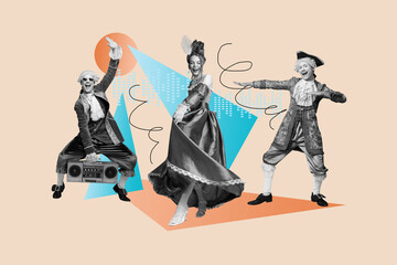 Contemporary art collage of two happy duke guys duchess girl dance medieval party celebration event...