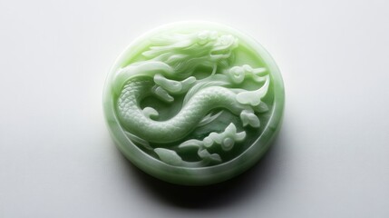 Fototapeta premium A beautifully carved jade pendant with intricate Chinese motifs, glowing under soft lighting, isolated on a white background,