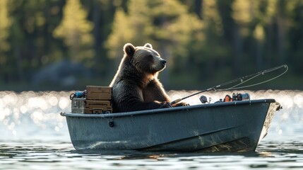 Bear fishing in a small boat on a serene lake during golden hour in a forested area