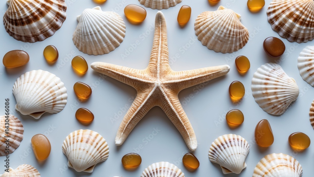 Poster circular pattern of shells and starfish isolated on background, flat lay top view