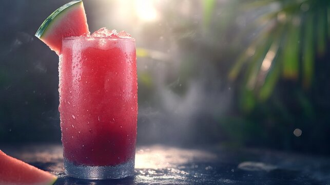 Refreshing watermelon summer drink in a glass with ice cubes red cool food cold juice tasty sweet