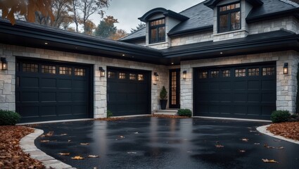 Obraz premium Elegant double and single-width black metal garage doors with panel design in a luxurious residential building featuring glass windows above and a dormer roof
