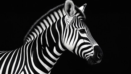 Fototapeta premium Zebra head profile portrait in black and white art photography with striped animal pattern and monochrome wallpaper