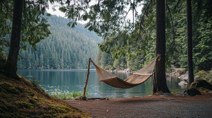 Hammock by a tranquil lake surrounded by lush forest during a peaceful afternoon