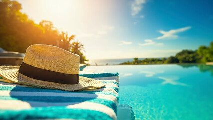 Obraz premium Sun hat placed on a towel next to the pool on a sunny day. Capturing the essence of relaxation and enjoyment of the summertime.