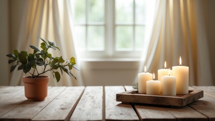 Product showcase on wooden table with blurred bathroom background