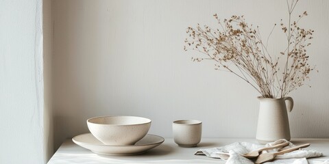 A minimalist breakfast setting with a neutral smoothie bowl and elegant ceramic dishware