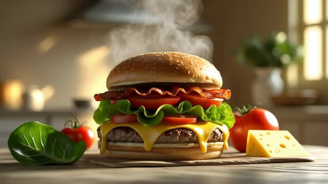 Gourmet cheeseburger featuring meat, cheese, tomato, and salad mockup in a kitchen animation, showcasing crispy, fresh layers in a fast food restaurant environment