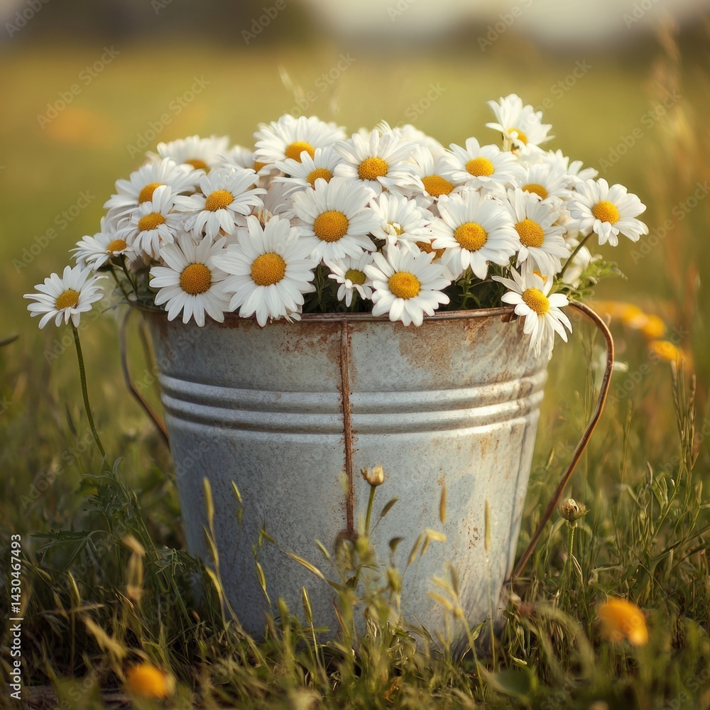Aufkleber rustic metal bucket overflowing with fresh daisies placed on a sunny field with soft grass under a c