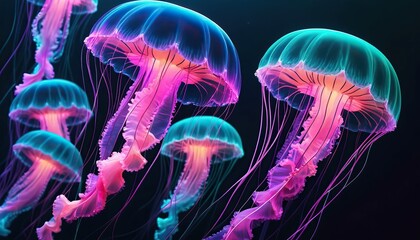 Obraz premium Fantastic jellyfish floating in a cosmic environment, glowing tentacles with sparks, nebula background with bright purple, blue and pink hues, otherworldly and magical atmosphere, high detail, cinemat