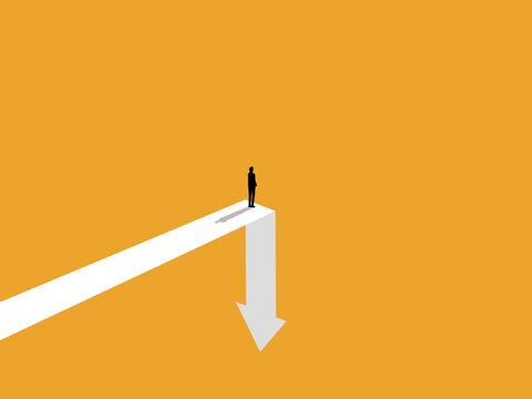 Businessman standing looking for opportunity on crisis arrow