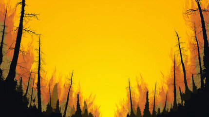 Obraz premium forest scene on fire with flames and burnt black trees, gradient background from bright yellow to pitch black, empty space in the middle for text,