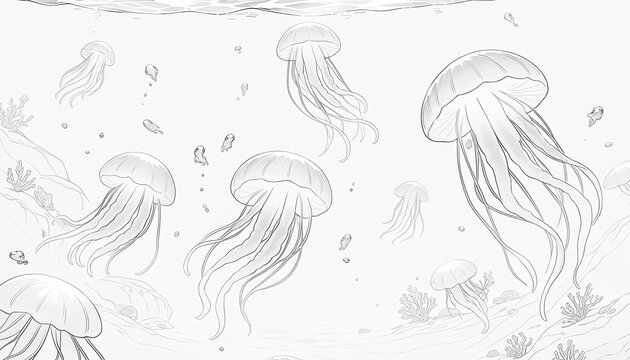 Colouring of a jellyfish in the sea, on a white background.  Ideal for drawing, colouring, motor skills for children. Drawing aids, leisure activities for children