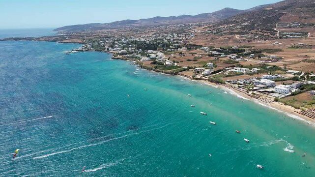 Aerial views from over Golden Beach on the Greek Island of Paros. One of the most famous Kite Surfing and Wind Surfing locations in the world.