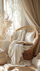Cozy reading nook with rattan chair and warm natural light by window