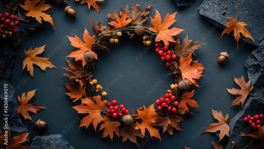 Aufkleber autumn scene featuring a floral and berry wreath on a dark background, top-down view with space for 