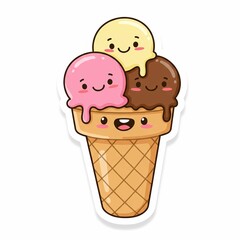 Cute cartoon ice cream cone with smiling scoops.