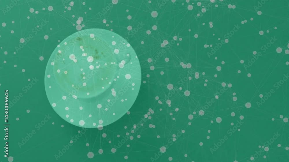 Poster abstract network showing large translucent circle with transparent nodes linking lines, flat design