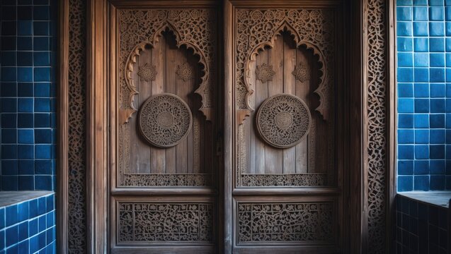 Traditional carved wooden door with Islamic geometric design at the Museum of Victims of Political Repression