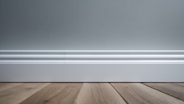 Installing wooden or plastic white floor baseboards in a spacious room with plastered walls for interior finishing.