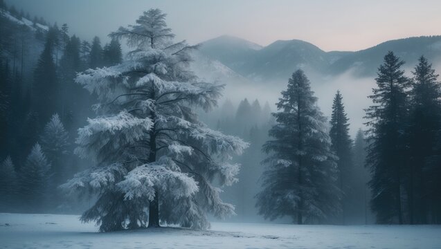 Serene winter scene with lone archa tree, frosted branches, and snow-covered pines in a misty mountain landscape at dusk