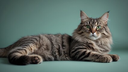 Content elderly feline lying on vibrant backdrop, full-body shot with striking green eyes and fluffy long hair.