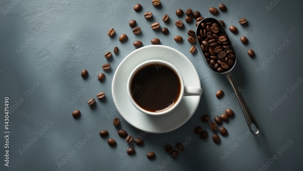 Aufkleber Coffee beans and vintage cup on rustic table with top view and space for text