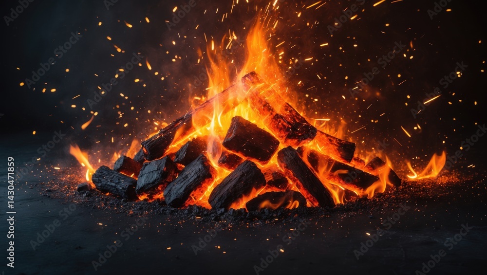 Poster Fiery sparks and glowing embers erupt from a blazing fire, creating a stunning abstract background with burning coals and flaming particles against a dark backdrop.