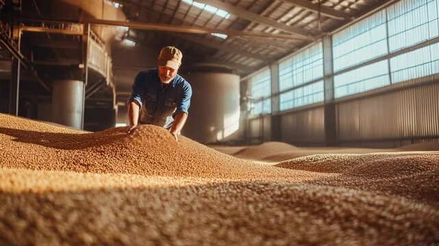 Harvest Time: Farmer Inspecting Golden Grain in a Large Barn