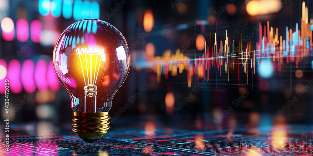 Fototapete Creative Light Bulb Overlaid on Abstract Background with Business Sketches and Graphs Representing Ideas, Success, and Innovation in Modern Society