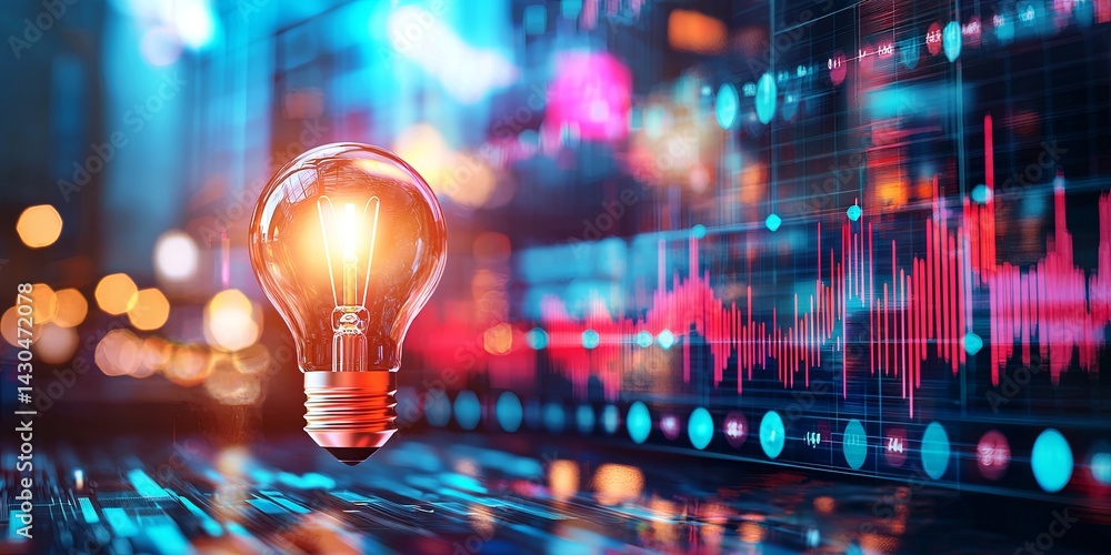 Poster creative light bulb overlaid on abstract background with business sketches and graphs representing i