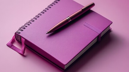 A vibrant purple notebook with a sleek pen resting on a pink background.