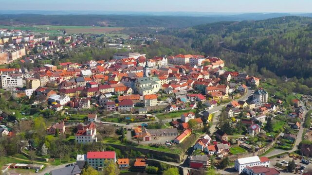 Aerial view to historic center of Stribro town. Medieval city from 12th century. It has about 8,100 inhabitants. Amazing tourist destination near Slavkovsky les. Czech Republic, Central Europe.