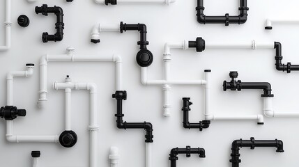 Complex arrangement of black and white plumbing pipes creates an intricate pattern on a wall in a modern space