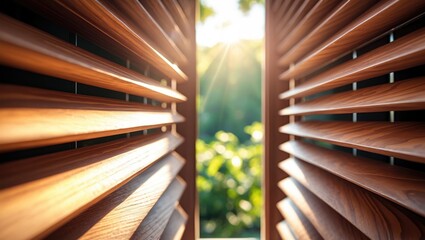 Wooden blinds and shutters with sunlight filtering through