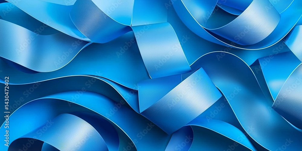 Aufkleber Abstract composition of wavy blue paper strips arranged in an elegant flow creating a sense of movement and depth, perfect for modern design or art projects.