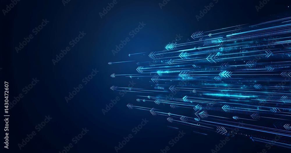 Poster abstract technology background with flowing lines, illuminated patterns, and a dark blue gradient, r