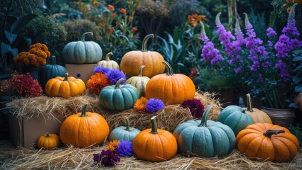 Autumn backdrop featuring still life with various pumpkins, flowers, hay, and dried floral arrangements