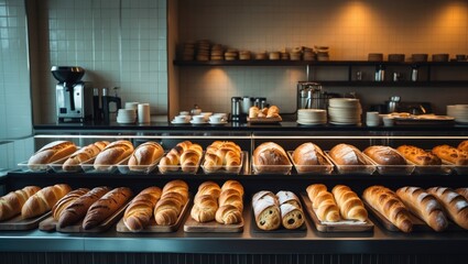 Fototapeta premium Breakfast buffet with sliced bread, rolls, croissants, and pastries at the lounge counter