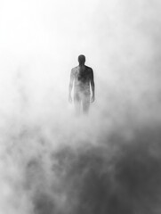 Fototapeta premium Silhouette of a Human Figure Emerging From Thick Fog in a Mysterious Black and White Setting Generative AI