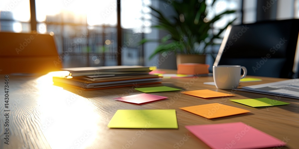 Leinwandbilder collaborative brainstorming session with sticky notes and documents on a wooden table in a bright of
