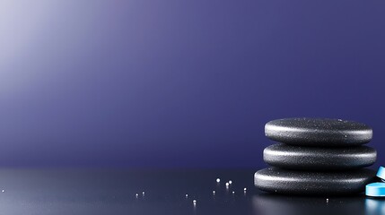 Stacked stones with blue details on a sleek dark surface against a blurred purple backdrop