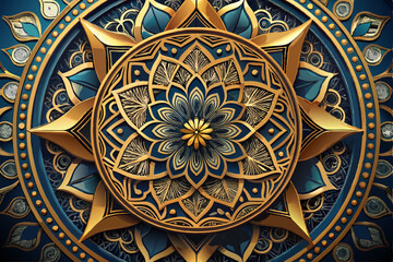 Ancient Thai art ceramic tile mosaic features a golden floral pattern with ornate, geometric, oriental, and ethnic design elements in a round frame, showcasing antique decor